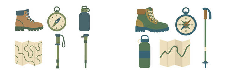 Hiking gear and supplies arranged on a flat surface for outdoor adventures and exploration