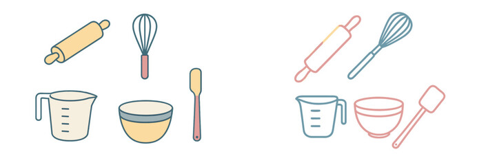 Assortment of essential kitchen baking equipment and cooking utensils for culinary activities and food preparation