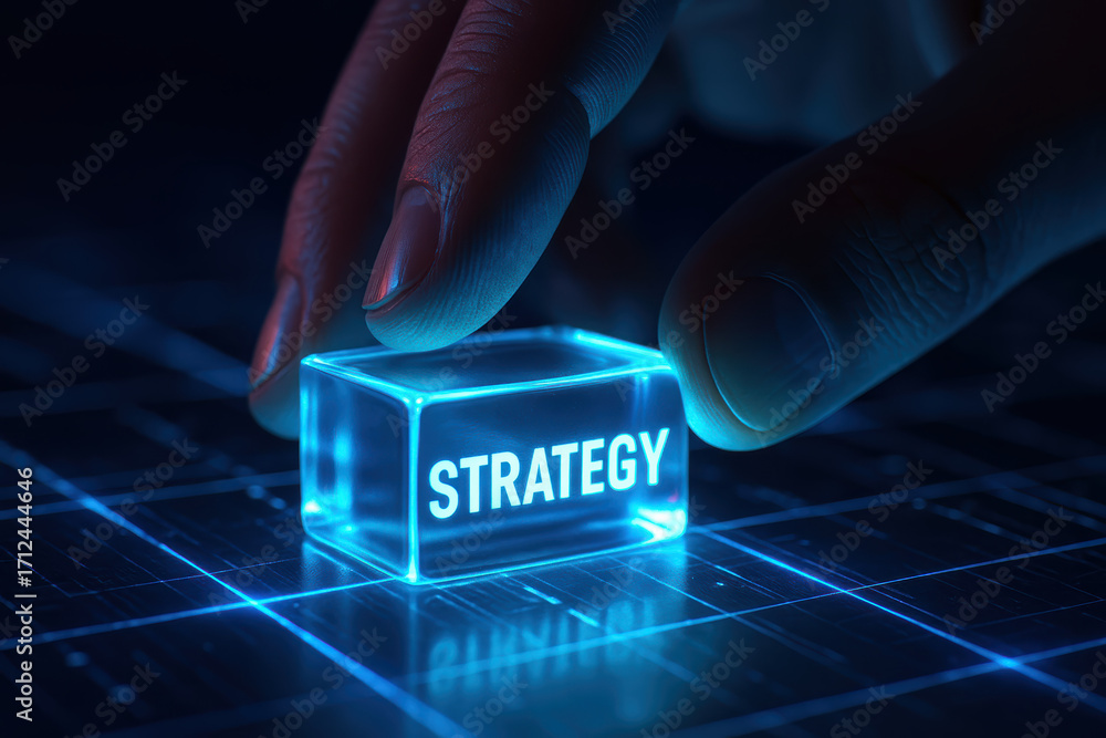 Poster glowing strategy concept with precise hand sliding digital block illuminates innovative planning and