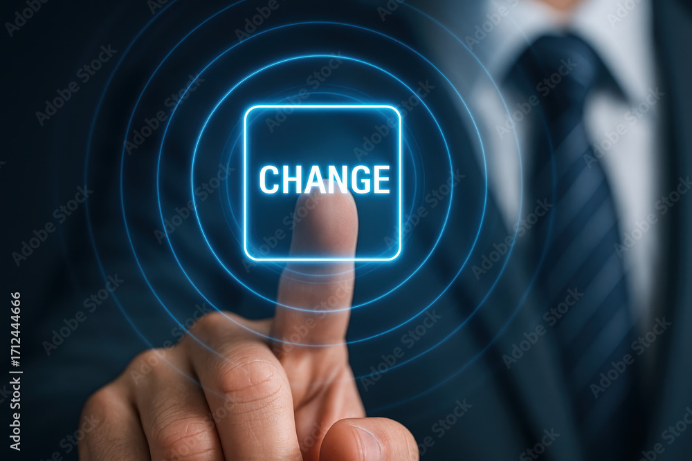 Poster pressing change button triggers innovation and transformation for progress decision choice and futur