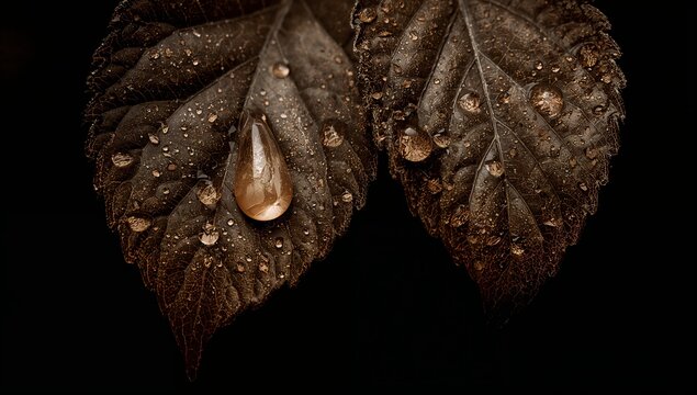 Close-up of Water Droplets on Dark Leaves
