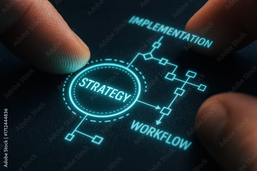 Poster strategy implementation and workflow guide focused business growth with innovative process and preci