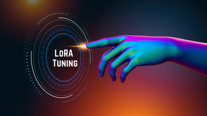 LoRA Tuning text message with 3d arm touching HUD interface for futuristic AI and IoT visualization