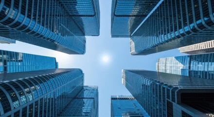 Fototapeta premium Looking Up Through Modern City Skyscrapers Towards the Sky