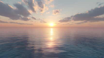 Obraz premium Serene sunset over a calm ocean, reflecting warm hues on tranquil waters with soft clouds