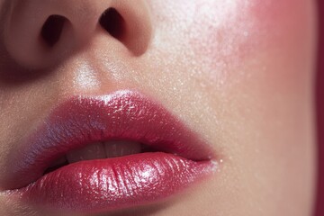 Naklejka premium Close-up of Woman's Lips with Shimmering Pink Lipstick and Glowing Skin