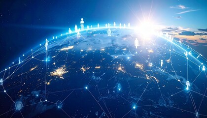 Global Network: A captivating view of the Earth, intricately webbed with connections, illuminated by a radiant sun.