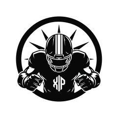 A black and white illustration of a football player in a helmet and pads, with fists clenched, set against a circular background with radiating lines.