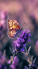 Obraz premium Detailed Macro of Orange Butterfly on Purple Lavender Flower insect nature photo