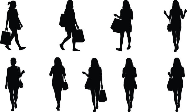 Silhouette women shopping walking with bags, fashion female shoppers isolated vector illustration, lifestyle design template, modern retail concept background, collection