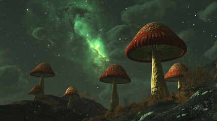 Red mushrooms under a night sky