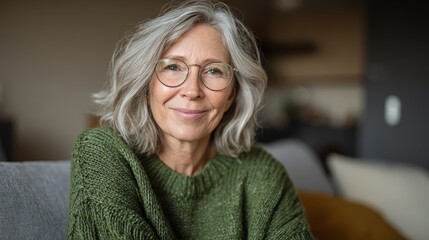 Portrait of a senior woman with gray hair and glasses smiling warmly in her living room, embracing a relaxed lifestyle, modern cozy home interior, joyful and content