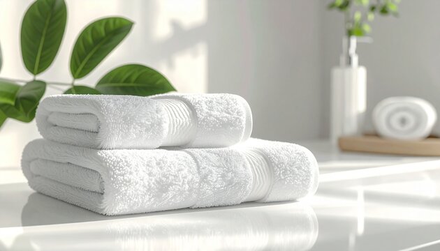 Serene Softness: Experience the pure comfort with meticulously folded, fluffy towels, an embodiment of spa-like tranquility. Sunlit and inviting.