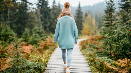 Rear view of woman in cozy knit sweater and beanie walking away on picturesque wooden boardwalk through autumnal forest