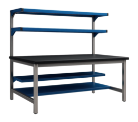 Anti-static workbench with a grounded surface and storage shelves for an electronics assembly line