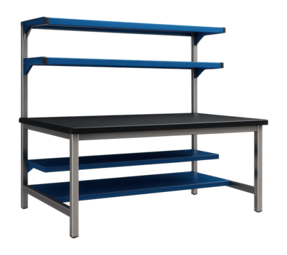 Anti-static workbench with a grounded surface and storage shelves for an electronics assembly line