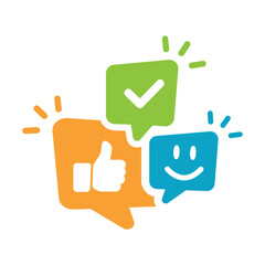 Smile face, speech bubble and thumb up, symbol.
