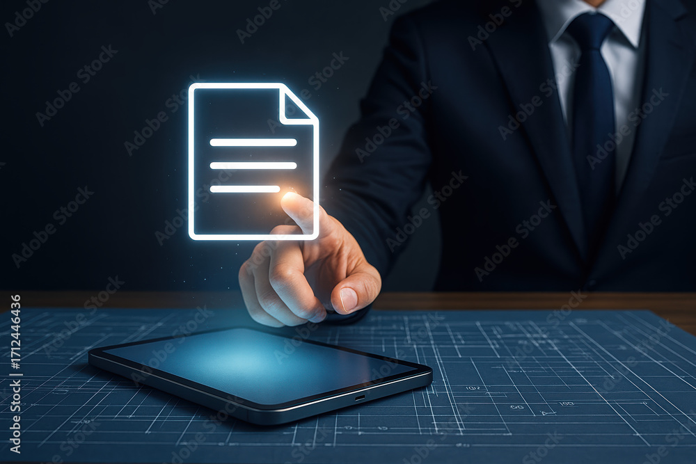 Poster business technology and innovation concepts appear as glowing document icons while hands point and t