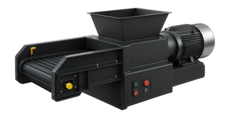 Horizontal grinder with a conveyor feed system and high-torque motor for handling furniture offcuts in a recycling facility