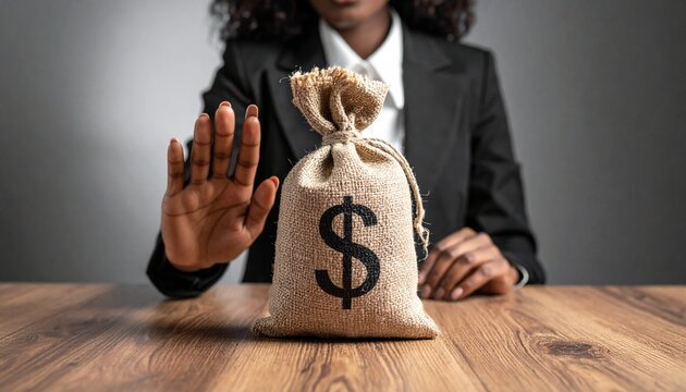 Financial Refusal: A professional in a business setting makes a firm decision by refusing the concept of a dollar bag with a stop gesture, representing financial rejection or prudence.