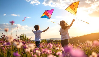 Obraz premium Children Flying Kites in Field at Sunset Happy Childhood Fun