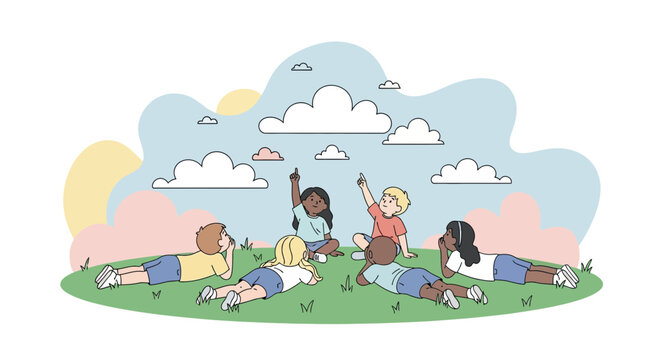 Children Observing The Sky Gazing At Clouds And Finding Inspiration Outdoors