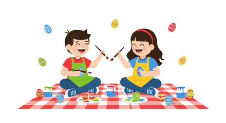 Children Painting Easter Eggs: A Delightful and Festive Illustration of Childhood Fun