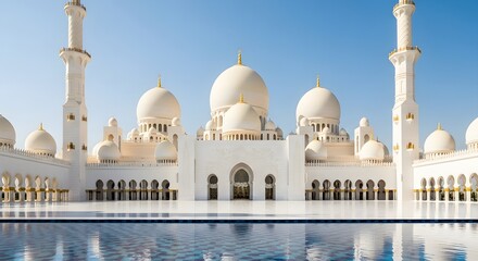 Naklejka premium Grand White Mosque with Reflecting Pool Under Blue Sky