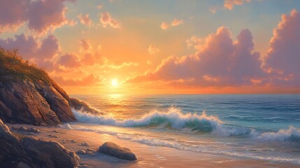 Obraz premium Serene sunset over a tranquil beach with gentle waves lapping at the shore, surrounded by rocky cliffs