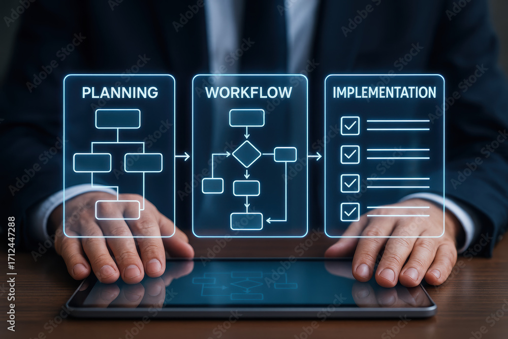 Poster planning workflow and implementation connect strategy and management toward project goals and succes