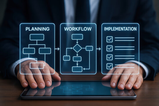 Planning workflow and implementation connect strategy and management toward project goals and success