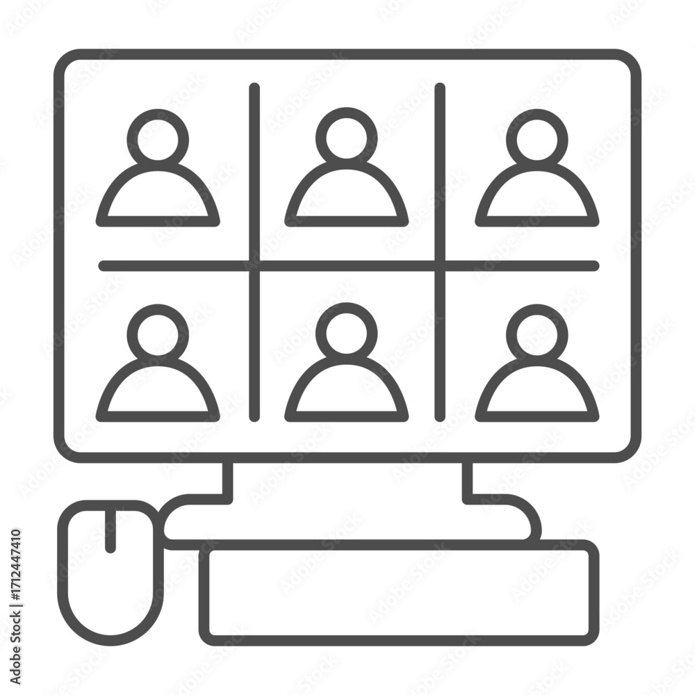 Aufkleber monitor with video conference app thin line icon, remote work concept, pc, keyboard, mouse vector si