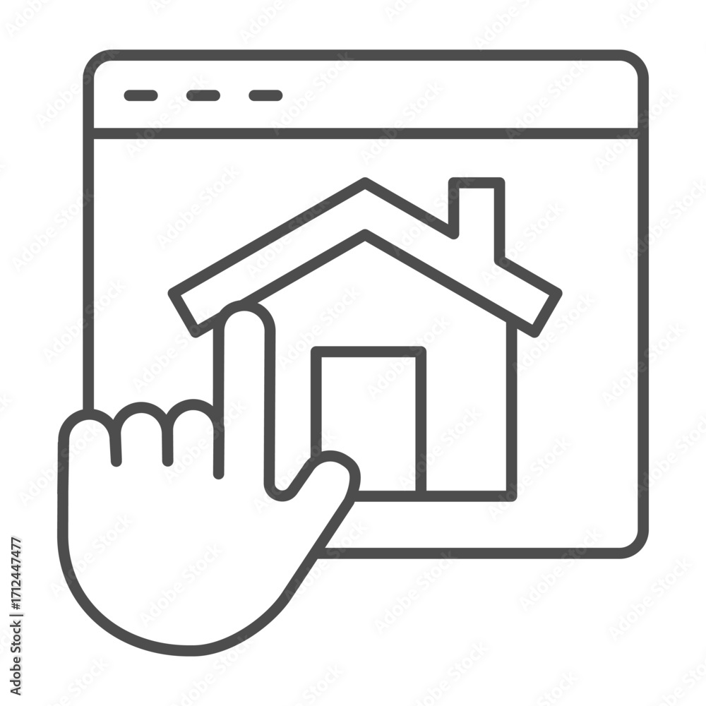 Aufkleber hand index finger on website with house thin line icon, work from home concept, remote job vector si