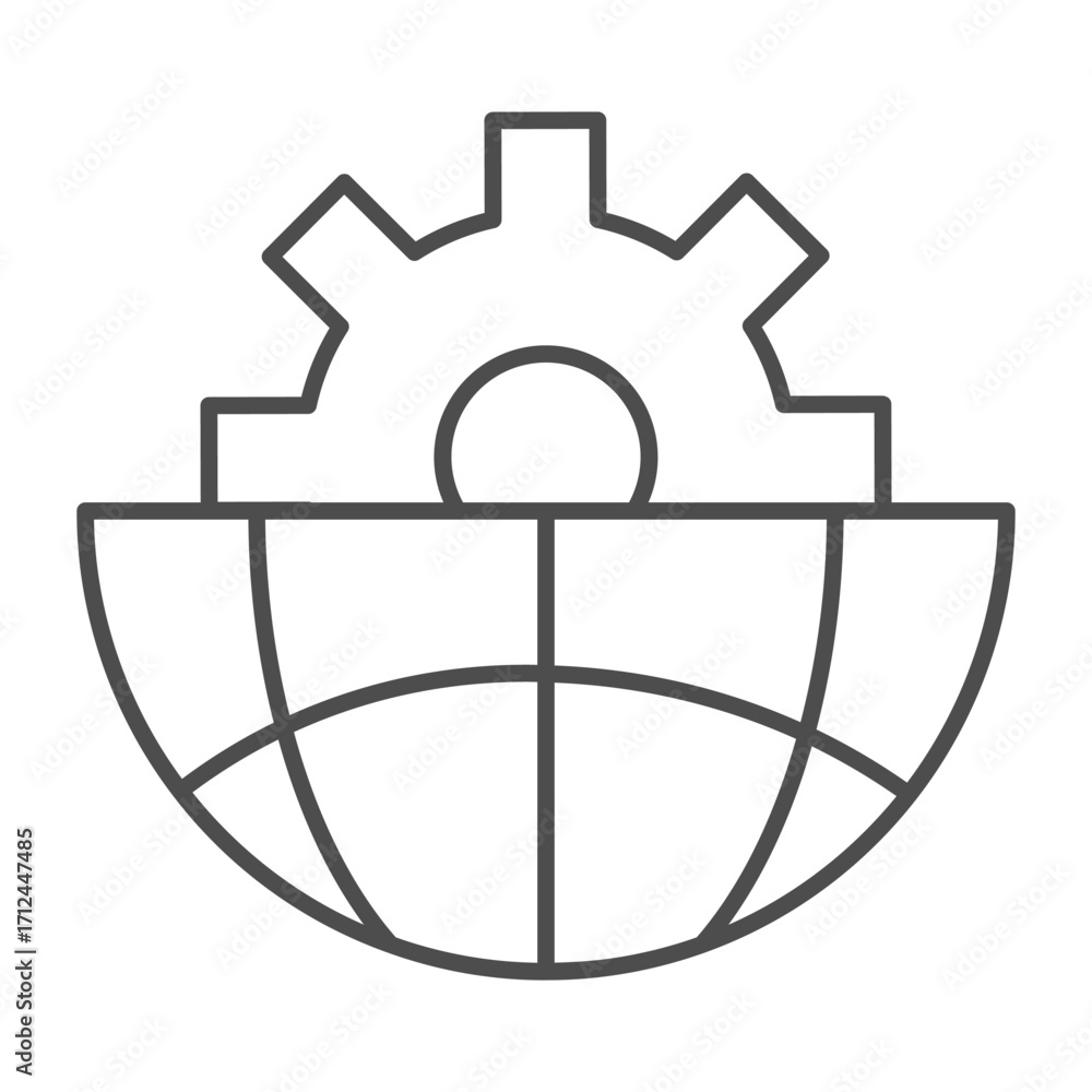 Aufkleber half of globe and gear thin line icon, global mechanic cogwheel concept, mechanism cog vector sign o