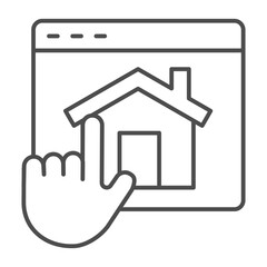 Hand index finger on website with house thin line icon, work from home concept, remote job vector sign on white background, outline style icon for mobile concept and web design. Vector graphics.