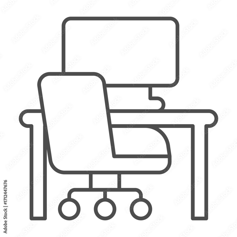 Aufkleber desk with computer monitor and chair thin line icon, home workspace concept, workplace vector sign o