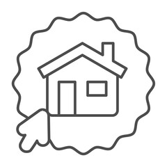 Sticker with house and mouse pointer thin line icon, work from home concept, remote job vector sign on white background, outline style icon for mobile concept and web design. Vector graphics.