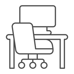 Desk with computer monitor and chair thin line icon, home workspace concept, workplace vector sign on white background, outline style icon for mobile concept and web design. Vector graphics.