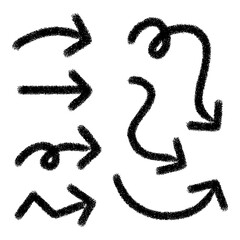 Hand drawn arrow doodle set with spiral, curved, zigzag and directional symbols in bold black silhouette, Transparent Background