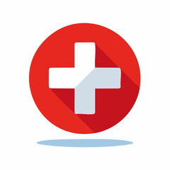 Fototapeta premium A minimalist red circle with a white plus sign, symbolizing healthcare and emergency services, rendered in a flat design with a subtle shadow effect