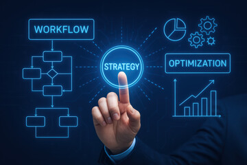 Strategy and workflow planning glow with optimization and diagram elements in a striking blue neon interface