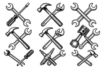 Vintage mechanic tools and engine parts crossed emblem set in engraving style, Transparent Background