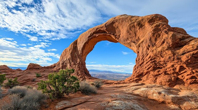 Red rock archway under a vibrant sky