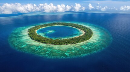 Ring-shaped island, turquoise water, fluffy clouds
