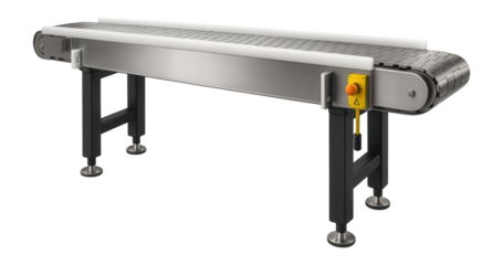 Flat-top chain conveyor with stainless steel chains for hygienic packaging in a meat processing facility