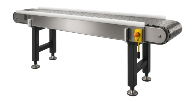 Flat-top chain conveyor with stainless steel chains for hygienic packaging in a meat processing facility