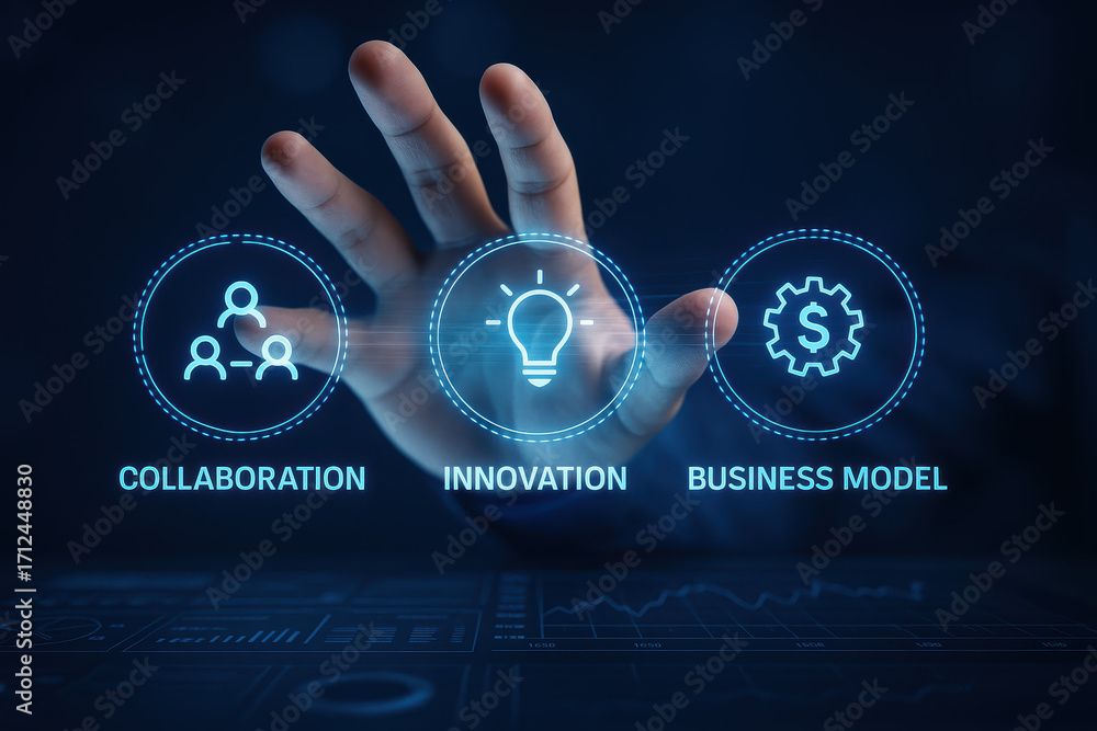 Aufkleber collaboration and innovation inspire business model design and digital dashboard teamwork boosting c