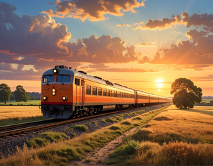 Fototapeta premium Train travels through a golden field at sunset with dramatic clouds