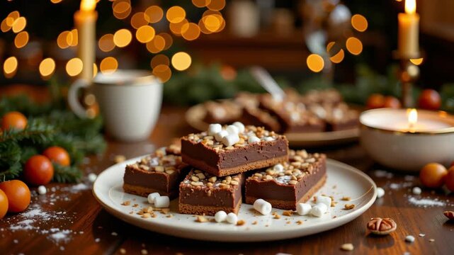 Chocolate fudge bars with nut and marshmallow topping festive plate, surrounded by holiday decorations, candlelight, sweet dessert treats, cozy warm atmosphere, rustic table, and Christmas inspired