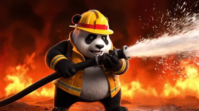 Brave panda firefighter bravely battling a fierce blaze with a water hose